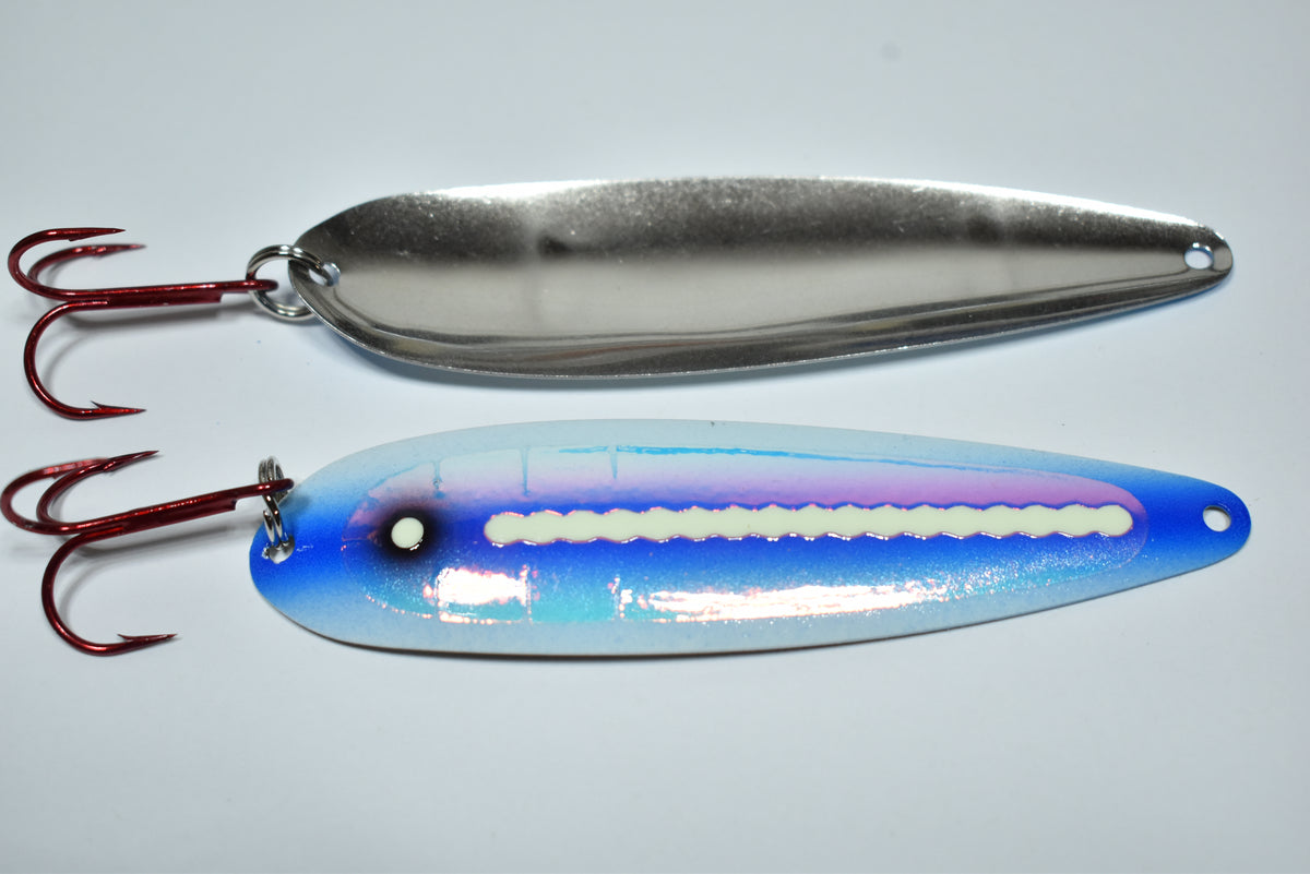 Lotto 4 Cucchiaini Da Traina UV Holo Super Glow Salmon, Colori Multicolore, In Ottone. Perfetti Per Salmoni E Trote, Sia In Acqua Dolce Che Salata.